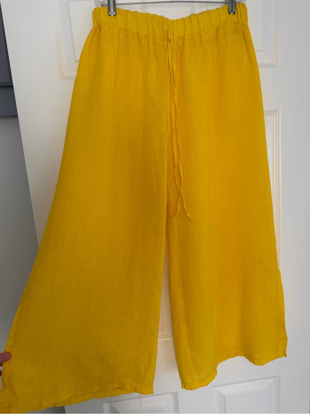Mahina 100% Linen Wide Leg Crop Pants Yellow Drawstring Elastic Waist Size OS